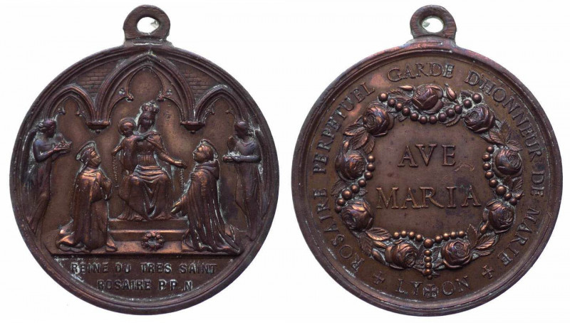 Francia, medaglia "reine du très saint rosaire", città di Lione, XIX secolo; Ae;...