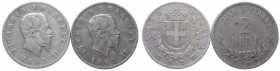Vittorio Emanuele II (1861-1878) Lotto da 2 esemplari: 2 Lire "Valore" 1863 - Zecca di Torino - Ag; 2 Lire "Stemma" 1863 - Zecca di Torino - Ag
n.a....