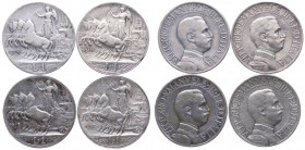 Vittorio Emanuele III (1900-1943) Lotto di 4 esemplari: 1 Lira "Quadriga veloce" 1909 - NC - Ag; 1 Lira "Quadriga veloce" 1910 - Ag; 1 Lira "Quadriga ...