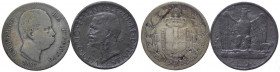 Regno d'Italia - Lotto da 2 FALSI D'EPOCA: Umberto I (1878-1900) 1 Lira 1887 - gr. 4,80; Vittorio Emanuele III (1900-1943) 5 Lire "Aquilotto" 1927 - g...