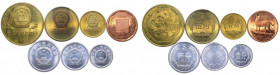 Cina, lotto di 7 monete: 6 facenti parte della serie annuale 1982 "anno del cane", 1 yuan tipo "panda" proveniente dalla serie del 1983; metalli vari...