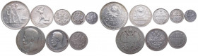 Russia, lotto di 8 monete del periodo zarista e del comunismo, composto da 2 moneta da un rublo (1924/1898); 2 monete da 50 copechi (1925-1897); 1 mon...