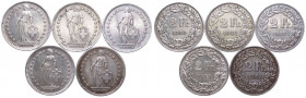 Svizzera - Confederazione Elvetica (dal 1850) Lotto da 5 esemplari: 2 Franchi 1940 - Ag; 2 Franchi 1941 - Ag; 2 Franchi 1943 - Ag; 2 Franchi 1944 - Ag...