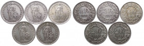 Svizzera - Confederazione Elvetica (dal 18509 Lotto da 5 esemplari: 2 Franchi 1946 - Ag; 2 Franchi 1947 - Ag, 2 Franchi 1955 - Ag; 2 Franchi 1957 - Ag...