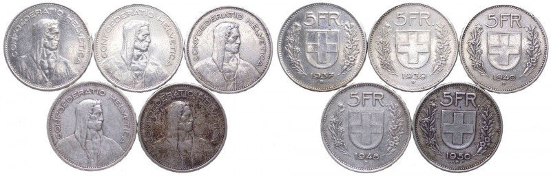 Svizzera - Confederazione Elvetica (dal 1850) Lotto da 5 esemplari: 5 Franchi 19...