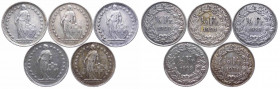 Svizzera - Confederazione Elvetica (dal 18509 Lotto da 5 esemplari: Mezzo Franco 1920 - Ag; Mezzo Franco 1921 - Ag; Mezzo Franco 1928 - Ag, Mezzo Fran...