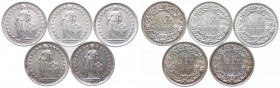 Svizzera - Confederazione Elvetica (dal 1850) Lotto da 5 esemplari: Mezzo Franco 1955 - Ag; Mezzo Franco 1956 - Ag; Mezzo Franco 1957 - Ag; Mezzo Fran...