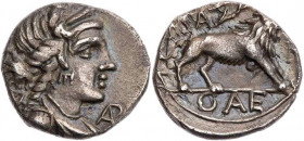 GALLIEN MASSALIA
 AR-Drachme 90-49 v. Chr. Vs.: drapierte Büste der Artemis mit Diadem und Köcher n. r., rechts im Feld Monogramm aus AP, Rs.: Löwe s...