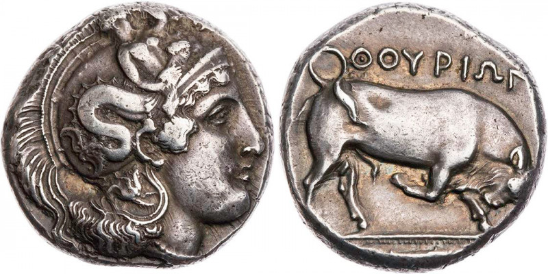 LUKANIEN THOURIOI
 AR-Distater/Dinomos 350-300 v. Chr. Vs.: Kopf der Athena mit...