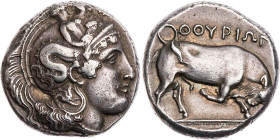 LUKANIEN THOURIOI
 AR-Distater/Dinomos 350-300 v. Chr. Vs.: Kopf der Athena mit Skyllahelm n. r., [oben Phi], Rs.: Stier stößt n. r., im Abschnitt Fi...