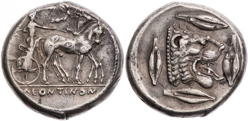 SIZILIEN LEONTINOI
 AR-Tetradrachme 476-466 v. Chr. Vs.: Wagenlenker in langsam...