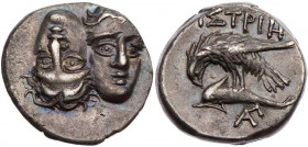 MOESIA ISTROS
 AR-Drachme 313-280 v. Chr. Vs.: zwei Jünglingsköpfe en face, der linke umgekehrt, Rs.: Seeadler auf Delphin n. l., über dem Kopf des D...