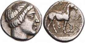 MAKEDONIEN, KÖNIGREICH
Archelaos, 413-399 v. Chr. AR-Stater Vs.: Kopf des Apollon mit Tänie n. r., Rs.: Pferd mit Zügel schreitet n. r. AMNG III 3; S...