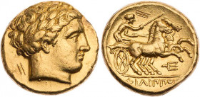 MAKEDONIEN, KÖNIGREICH
Philipp II., 359-336 v. Chr. AV-Stater 340/36-328 v. Chr. Amphipolis Vs.: Kopf des Apollon mit Lorbeerkranz n. r., Rs.: Wagenl...
