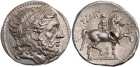 MAKEDONIEN, KÖNIGREICH
Philipp II., 359-336 v. Chr. AR-Tetradrachme 323/2-315 v. Chr. Pella Vs.: Kopf des Zeus mit Lorbeerkranz n. r., Rs.: Jüngling ...