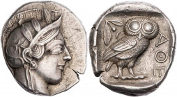 ATTIKA ATHEN
 AR-Tetradrachme 430-412 v. Chr. Vs.: Kopf der Athena mit Helm und Lorbeer n. r., Rs.: Eule steht n. r., Kopf v. v., links oben Ölzweig ...