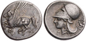 KORINTHIA KORINTH
 AR-Stater 375-300 v. Chr. Vs.: Pegasos fliegt n. l., darunter Koppa, Rs.: Kopf der Athena mit korinthischem Helm n. l., unter dem ...