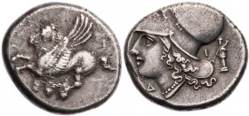 KORINTHIA KORINTH
 AR-Stater 375-300 v. Chr. Vs.: Pegasos fliegt n. l., darunter Koppa, Rs.: Kopf der Athena mit korinthischem Helm n. l., rechts Her...
