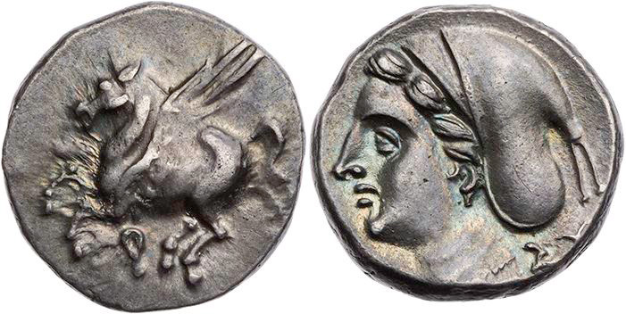 KORINTHIA KORINTH
 AR-Drachme 350-300 v. Chr. Vs.: Pegasos fliegt n. l., darunt...