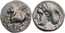 KORINTHIA KORINTH
 AR-Drachme 350-300 v. Chr. Vs.: Pegasos fliegt n. l., darunter Koppa, Rs.: Kopf der Aphrodite mit Sakkos n. l. BCD Korinth - (vgl....