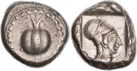 PAMPHYLIEN SIDE
 AR-Stater 460-430 v. Chr. Vs.: Granatapfel in Perlkreis, Rs.: Kopf der Athena mit korinthischem Helm n. r., in quadratum incusum SNG...