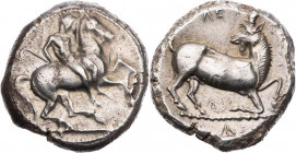 KILIKIEN KELENDERIS
 AR-Stater 425-400 v. Chr. Vs.: jugendlicher Reiter mit Peitsche springt von n. r. galoppierendem Pferd ab, Rs.: Ziegenbock kniet...