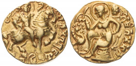 INDIEN GUPTA
Kumaragupta I., 414-455. AV-Dinar Vs.: König zu Pferd n. r., Rs.: Göttin Lakshmi sitzt mit Lotos-Blüte n. l. und füttert Pfau mit Traube...