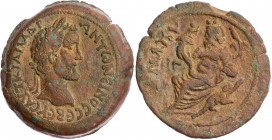 ÄGYPTEN ALEXANDRIA
Antoninus Pius, 138-161 n. Chr. AE-Drachme 145/146 n. Chr. (= Jahr 9) Vs.: Kopf mit Lorbeerkranz n. r., Rs.: Nilus lagert mit Schi...