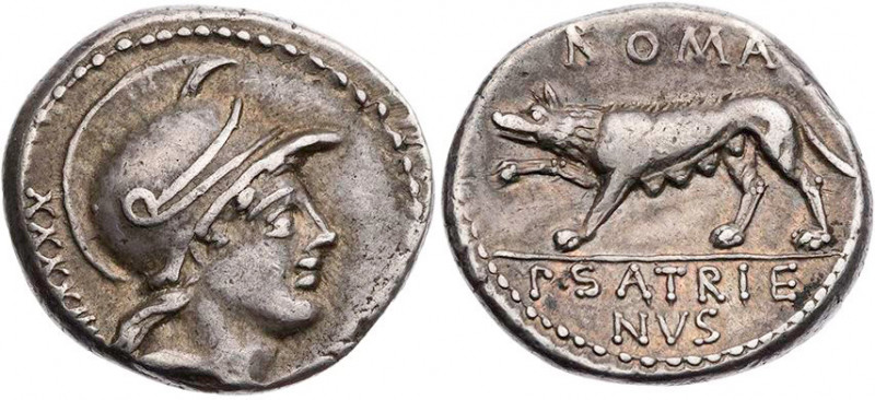 RÖMISCHE REPUBLIK
P. Satrienus, 77 v. Chr. AR-Denar Rom Vs.: Kopf der Roma mit ...
