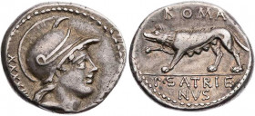 RÖMISCHE REPUBLIK
P. Satrienus, 77 v. Chr. AR-Denar Rom Vs.: Kopf der Roma mit Helm n. r., dahinter Kontrollzeichen XXXXIIII, Rs.: ROMA / P · SATRIE/...