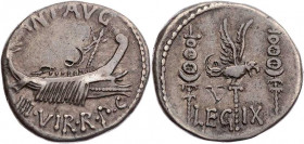 IMPERATORISCHE PRÄGUNGEN
Marcus Antonius, gest. 30 v. Chr. AR-Denar 32/31 v. Chr. mobile Heeresmzst. in Griechenland (Patras?) Vs.: ANT·AVG - III·VIR...