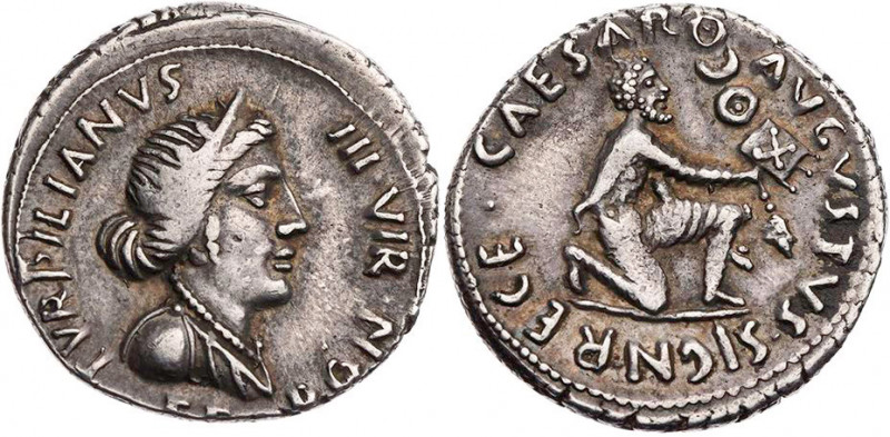 RÖMISCHE KAISERZEIT
Augustus, 27 v.-14 n. Chr. AR-Denar 19 v. Chr., Mzm. P. Pet...