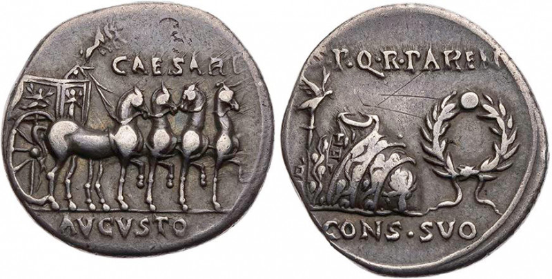 RÖMISCHE KAISERZEIT
Augustus, 27 v.-14 n. Chr. AR-Denar 18 v. Chr. Colonia Patr...