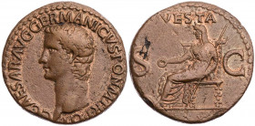 RÖMISCHE KAISERZEIT
Caligula, 37-41 n. Chr. AE-As 37/38 n. Chr. Rom Vs.: C CAESAR AVG GERMANICVS PON M TR POT, Kopf n. l., Rs.: VESTA / S - C, Vesta ...