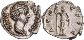 RÖMISCHE KAISERZEIT
Diva Faustina I. maior, gest. 141 n. Chr., Gemahlin des Antoninus Pius, 138-161 n. Chr. AR-Denar 141 n. Chr. Rom Vs.: DIVA FAVSTI...