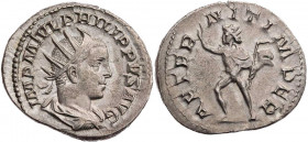 RÖMISCHE KAISERZEIT
Philippus II., 247-249 n. Chr. AR-Antoninian 247 n. Chr. Rom Vs.: IMP M IVL PHILIPPVS AVG, gepanzerte und drapierte Büste mit Str...