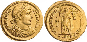 RÖMISCHE KAISERZEIT
Valentinianus I., 364-375 n. Chr. AV-Solidus 364-367 n. Chr. Antiochia, 3. Offizin Vs.: D N VALENTINI-ANVS P F AVG, gepanzerte un...