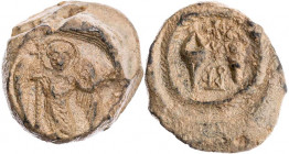 Quintus Aradius Rufinus, praefectus urbi Romae, bezeugt 376 n. Chr. Bleisiegel Vs.: Erzengel Michael steht mit Nimbus, Kreuzszepter und Globus v. v., ...