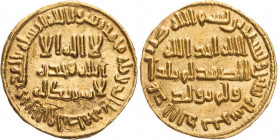 UMAYYADEN, KALIFEN IN DAMASKUS
Al-Walid I. ibn Abd al-Malik, 705-715 (86-96 AH). AV-Dinar 710/711 (92 AH) ohne Mzst.-Angabe (Damaskus?) Album 127; Be...