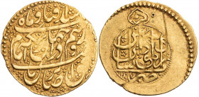 ZANDIDEN IN PERSIEN
Karim Khan, 1753-1779 (1166-1193 AH). AV-1/4 Mohur 1773/1774 (1187 AH) Kashan Album 2791. 2.72 g. Gold Rs. Lochungsversuch, Druck...