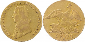 BRANDENBURG - PREUSSEN PREUSSEN, KÖNIGREICH
Friedrich Wilhelm III., 1797-1840. Friedrichs d'or 1800 A Fb. 2422; J. 104a; Olding 209a. 6.64 g. Gold ss...