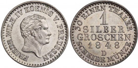 BRANDENBURG - PREUSSEN PREUSSEN, KÖNIGREICH
Friedrich Wilhelm IV., 1840-1861. Silbergroschen 1848 D AKS 85; J. 66; Olding 325. Rs. Stempelfehler, vz