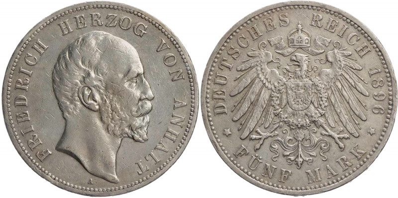 REICHSSILBERMÜNZEN ANHALT
Friedrich I., 1871-1904. 5 Mark 1896 A Zum 25-jährige...