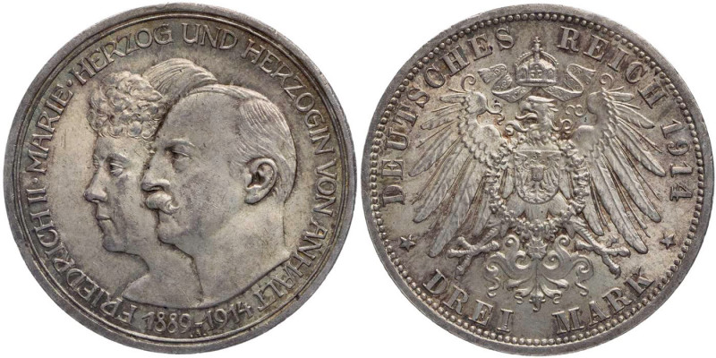 REICHSSILBERMÜNZEN ANHALT
Friedrich II., 1904-1918. 3 Mark 1914 A Zur Silbernen...