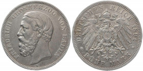 REICHSSILBERMÜNZEN BADEN
Friedrich I., 1852-1907. 5 Mark 1891 G ohne Querstrich im A von BADEN J. 29F. R Kratzer, s-ss