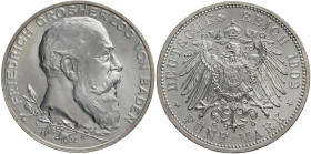 REICHSSILBERMÜNZEN BADEN
Friedrich I., 1852-1907. 5 Mark 1902 (G) J. 31. winz. Kratzer, vz-St