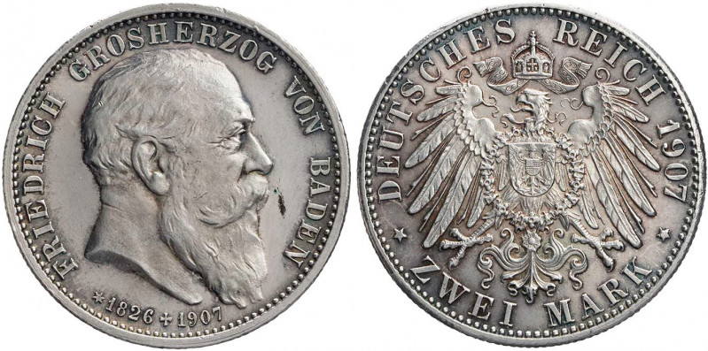 REICHSSILBERMÜNZEN BADEN
Friedrich I., 1852-1907. 2 Mark 1907 (G) Auf den Tod d...