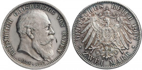 REICHSSILBERMÜNZEN BADEN
Friedrich I., 1852-1907. 2 Mark 1907 (G) Auf den Tod des Großherzogs J. 36. berieben, vz