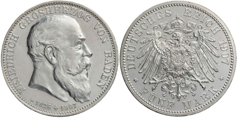 REICHSSILBERMÜNZEN BADEN
Friedrich I., 1852-1907. 5 Mark 1907 (G) Auf den Tod d...