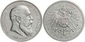 REICHSSILBERMÜNZEN BADEN
Friedrich I., 1852-1907. 5 Mark 1907 (G) Auf den Tod des Großherzogs J. 37. kl. Kratzer, Erstabschlag, vz-St